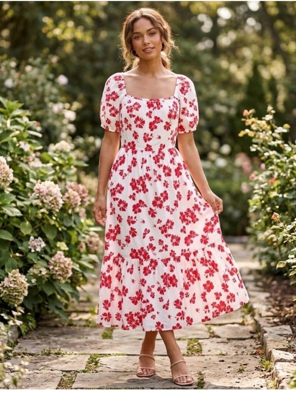 J. Crew White Midi Dress with Red Floral Print